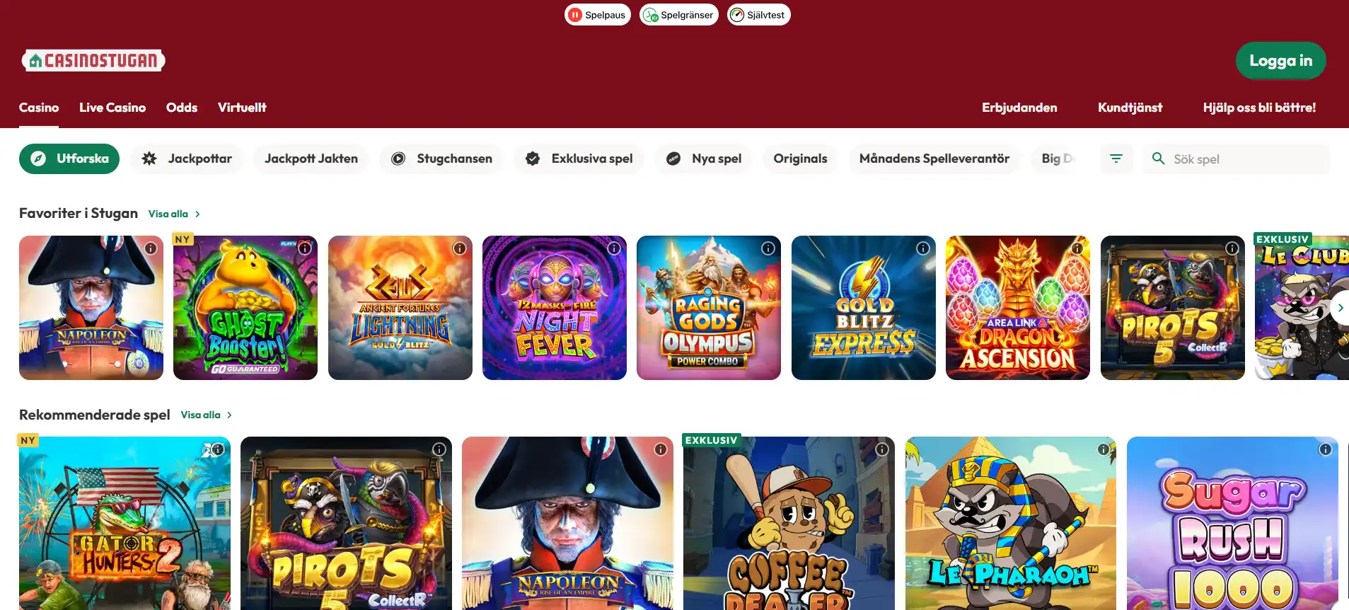 Casinostugans svenska startsida med spelkategorier och navigering