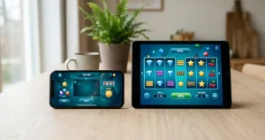 Smarttelefon och surfplatta med neutrala spelinspirerade former på skärmarna