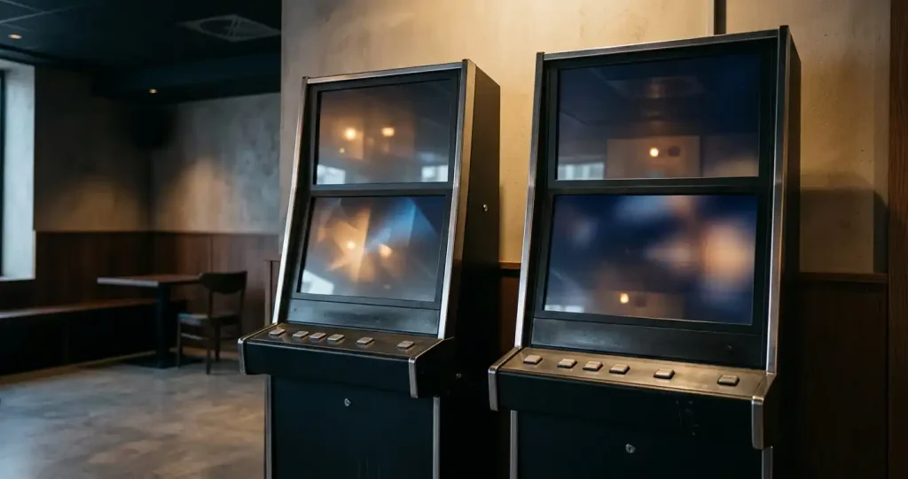 Neutrala spelautomater med abstrakta ljusmönster i en lugn inomhusmiljö