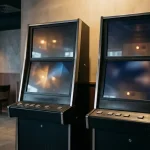 Neutrala spelautomater med abstrakta ljusmönster i en lugn inomhusmiljö