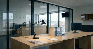 Informationsdisk med pärmar, glaspartier och en enkel skrivbordslampa