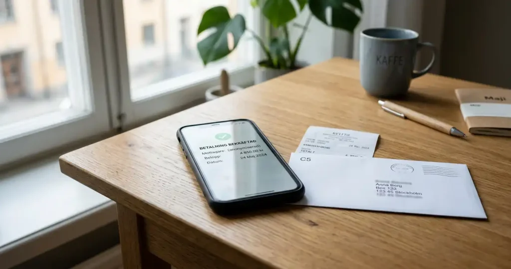 Banköverföring illustrerad med en mobiltelefon och ett neutralt papperskvitto på ett skrivbord