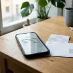 Banköverföring illustrerad med en mobiltelefon och ett neutralt papperskvitto på ett skrivbord