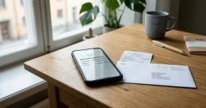 Banköverföring illustrerad med en mobiltelefon och ett neutralt papperskvitto på ett skrivbord